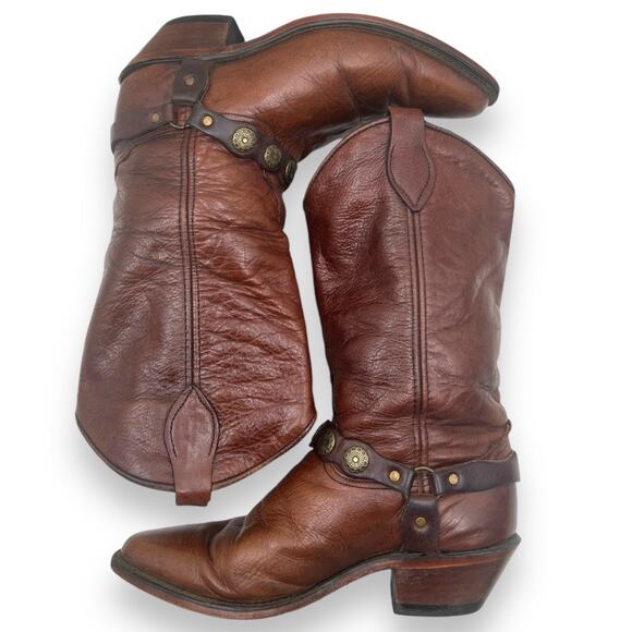 Vintage Shoes - Vintage Womens 7M Brown Leather Harness Pointed Toe Boot Western Boho Cowboy
